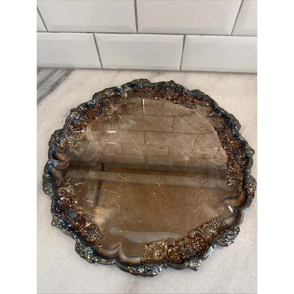 Vintage 12in Heavy Silver Plated Ornate Floral Serving Tray ES005